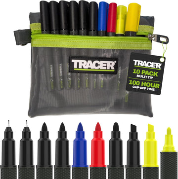 Set 10 markere permanente TRACER 2.0 cu husă — mix de vârfuri (ultra-fin, fin, bullet, teșit) + marker cu vopsea și textmarker (TPMK10)