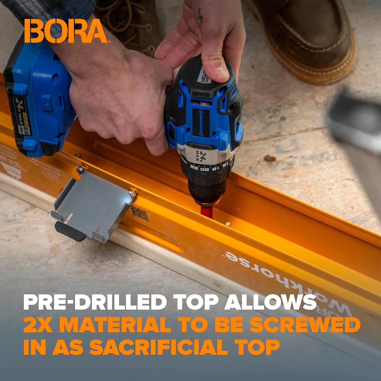 BORA PM‑3350T Workhorse drill în acțiune pe banc de lucru capra metalica compact