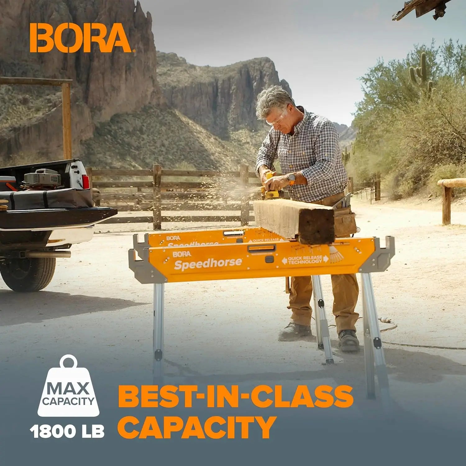 BORA PM‑4500T Speedhorse portable saw horse cu sloturi 2x4 și capacitate 1800 lb