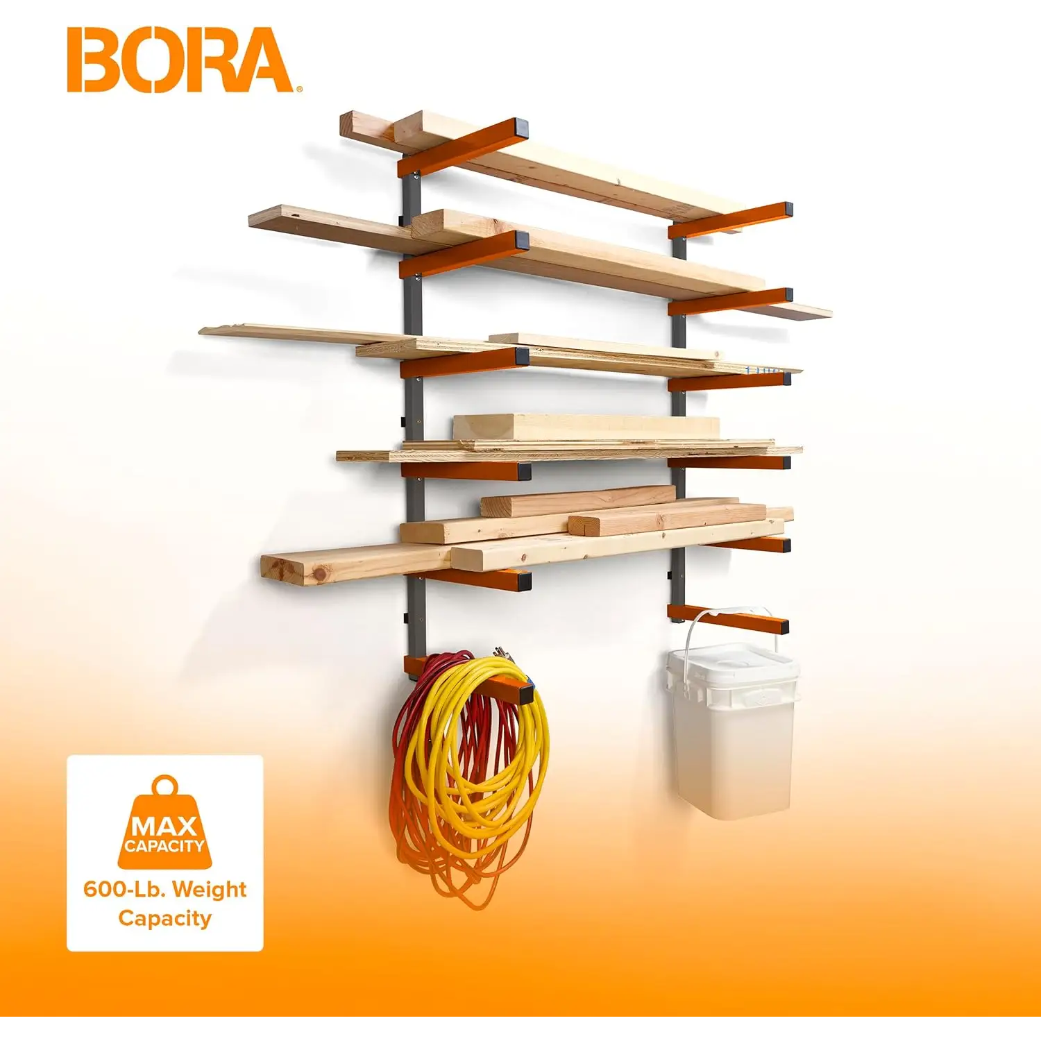 Raft depozitare lemn montaj pe perete BORA Portamate cu foi metalice, 600 lbs per nivel