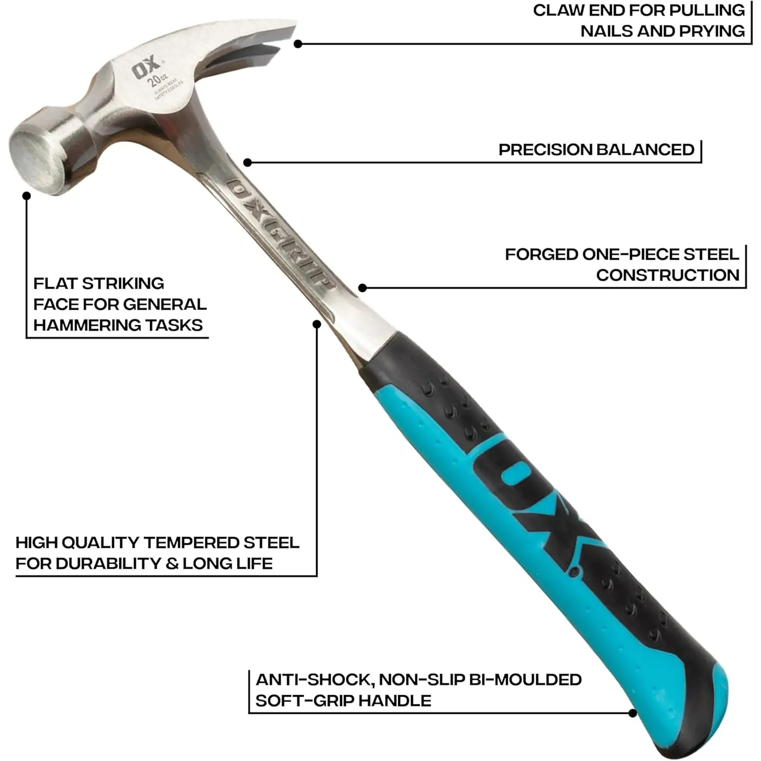 Ciocan cu gheara OX Pro monobloc 20oz otel forjat cu soft grip antishock