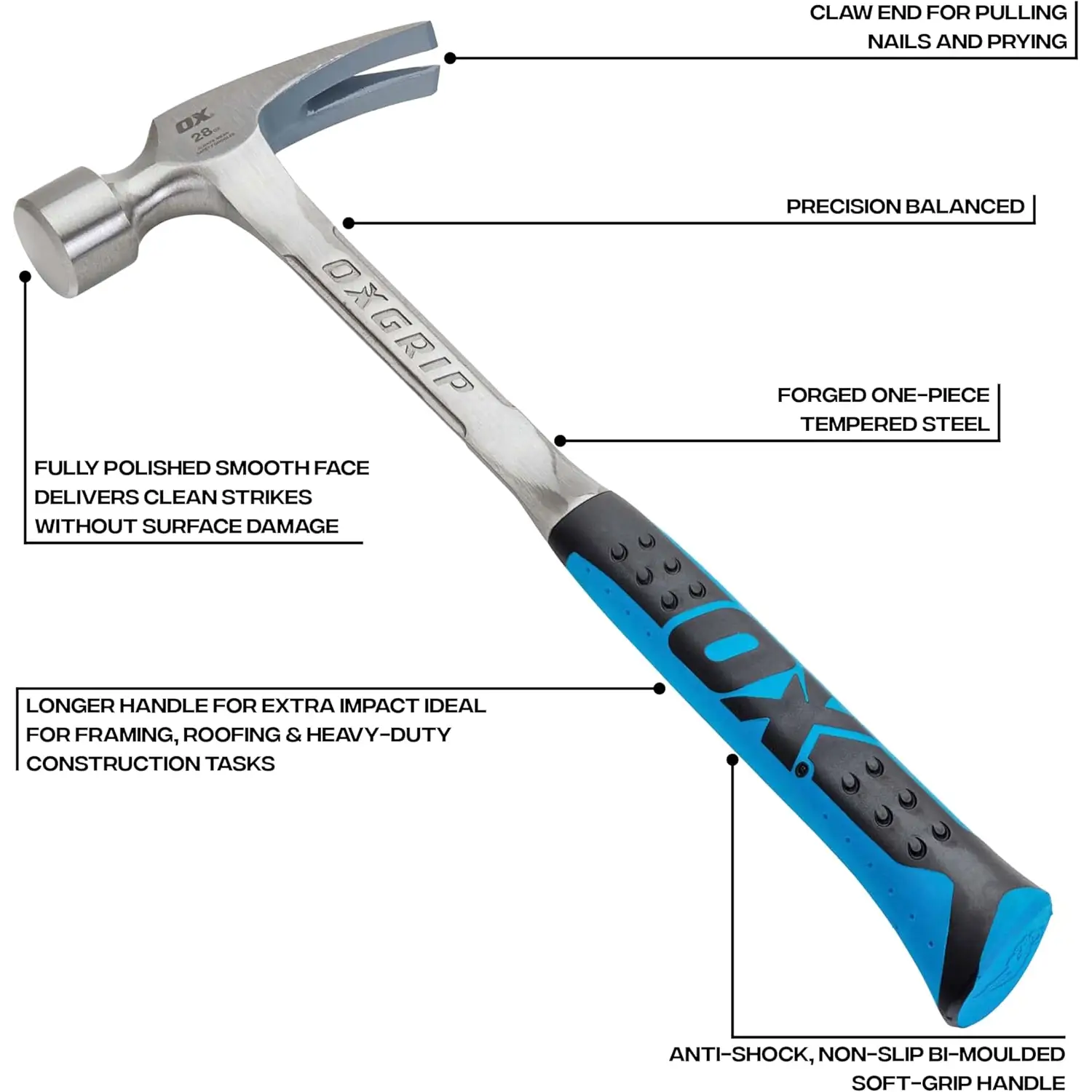 Imaginea arată un ciocan dulgherie OX Pro monobloc 28oz cu otel forjat și soft grip