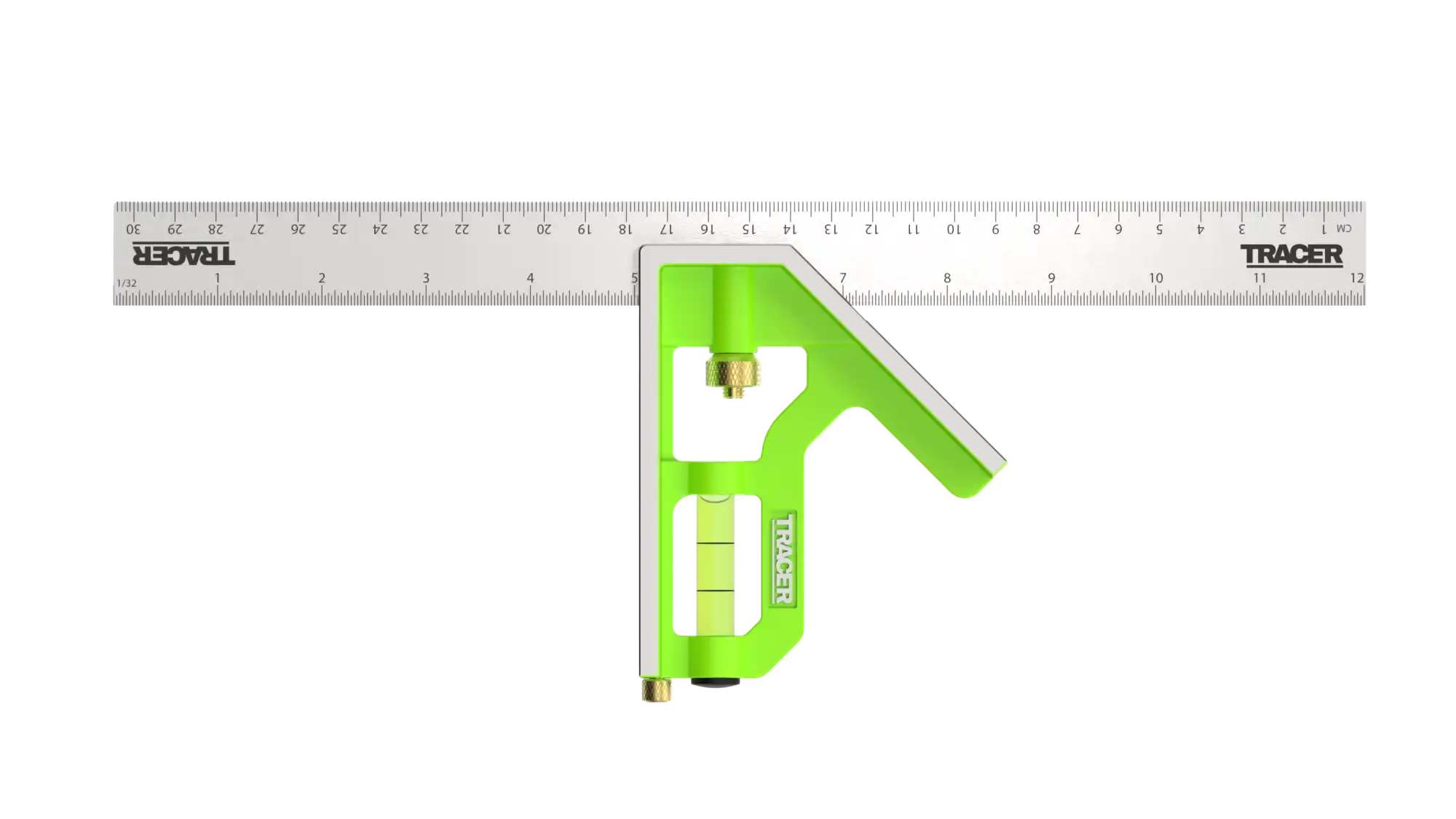 Cutie încrucișată cu o riglă și o capă reglabilă verde strălucitor, fiind prevăzută cu un nivel.