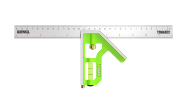 Cutie încrucișată cu o riglă și o capă reglabilă verde strălucitor, fiind prevăzută cu un nivel.