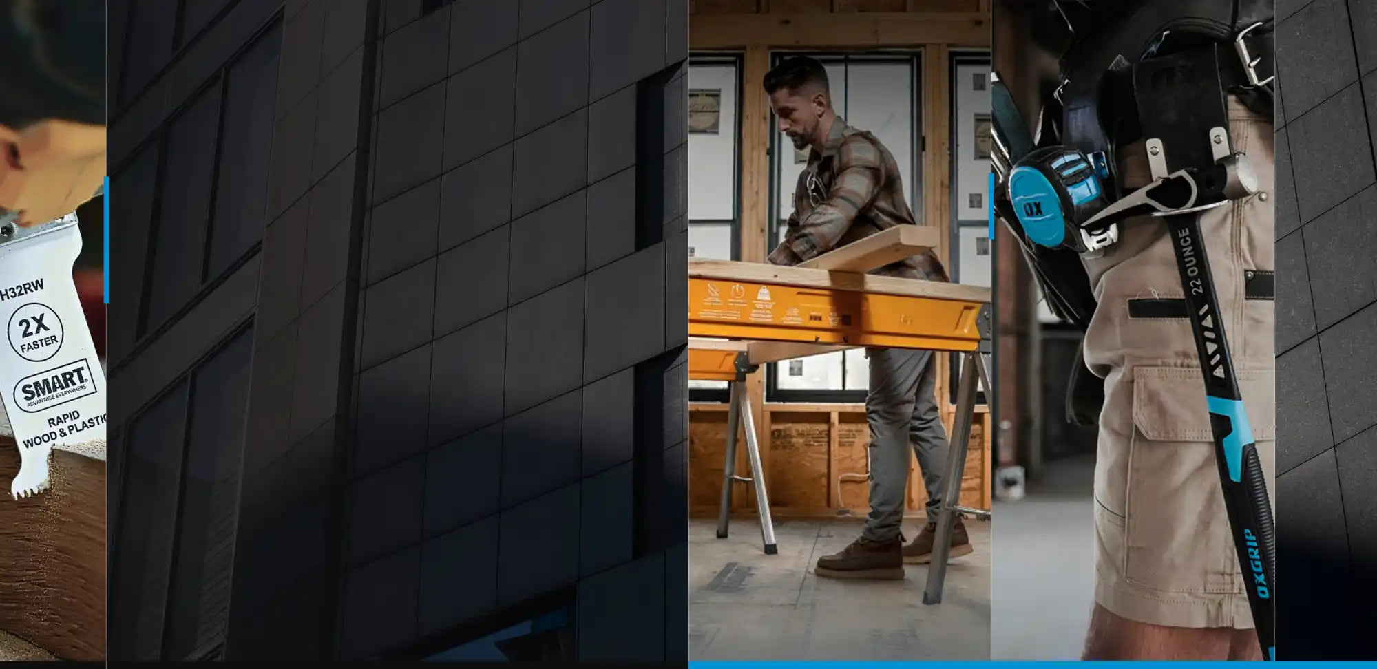 Un bărbat care lucrează pe o scandură de lemn cu un ferăstrău, lângă o apropiere cu o persoană care poartă pantaloni cargo și o curea de scule cu o bandă de măsură albastră și un ciocan cu mâner albastru.slider_item_CpEYXi