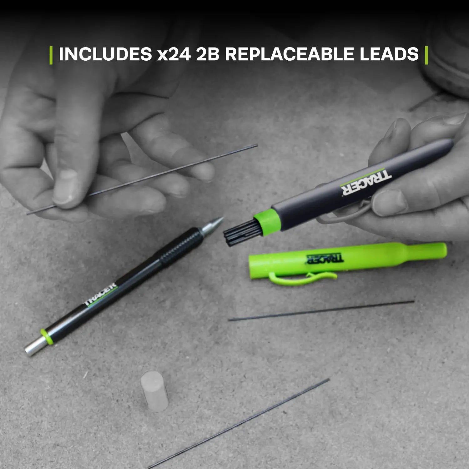 Creion tamplarie negru și neon verde Tracer PRO din aluminiu cu mine pentru dulgher