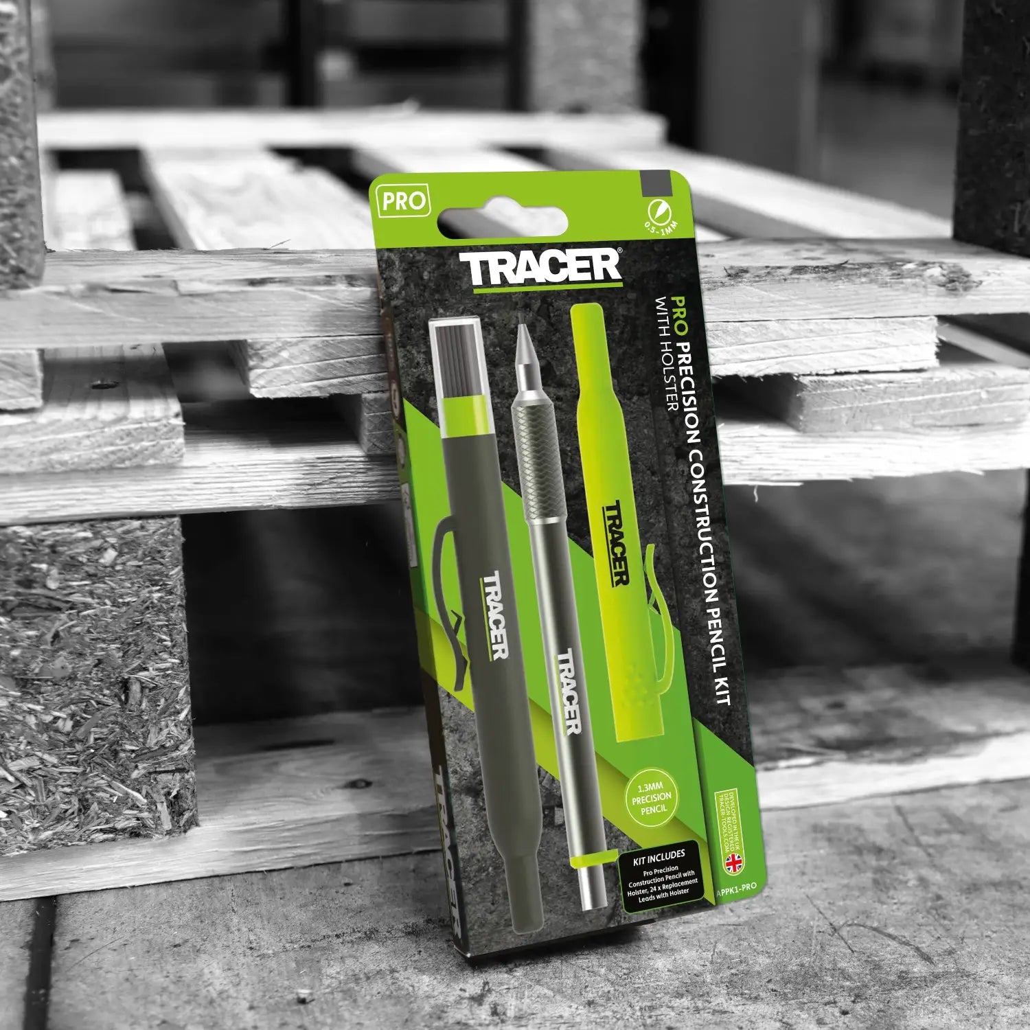 Creion tamplarie Tracer Pro din aluminiu cu 24 mine și holster pentru dulgher