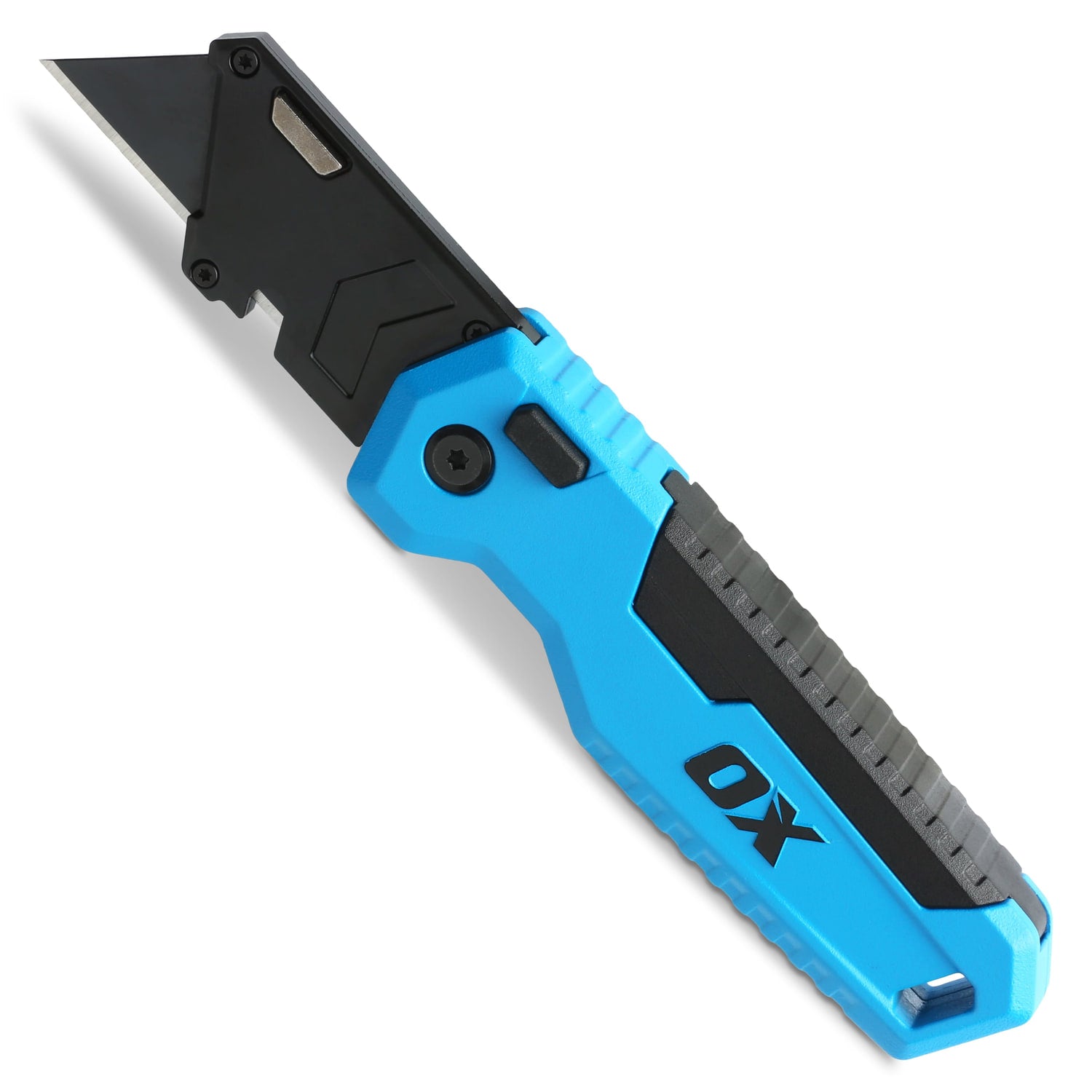 Cutter pliabil OX PRO deschis — corp metalic, mâner ABS, lamă trapezoidală