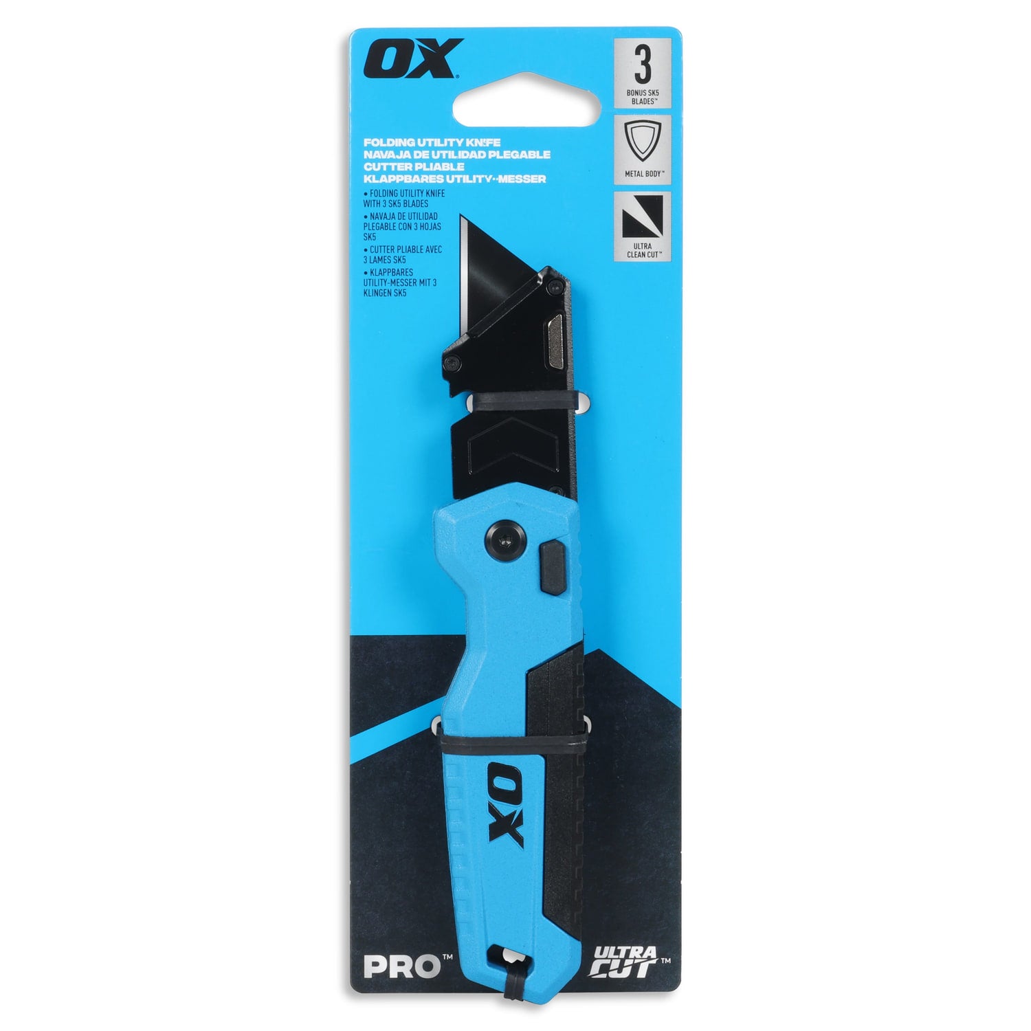 Cutter pliabil OX PRO în ambalaj — 3 lame SK5 bonus, corp metalic (PRO)