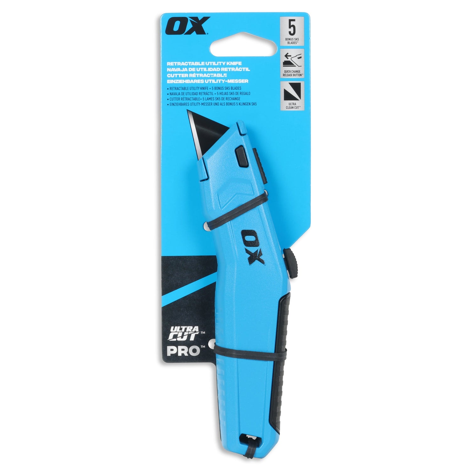 Cutter retractabil OX PRO în ambalaj — 5 lame SK5 bonus, corp metalic (PRO)
