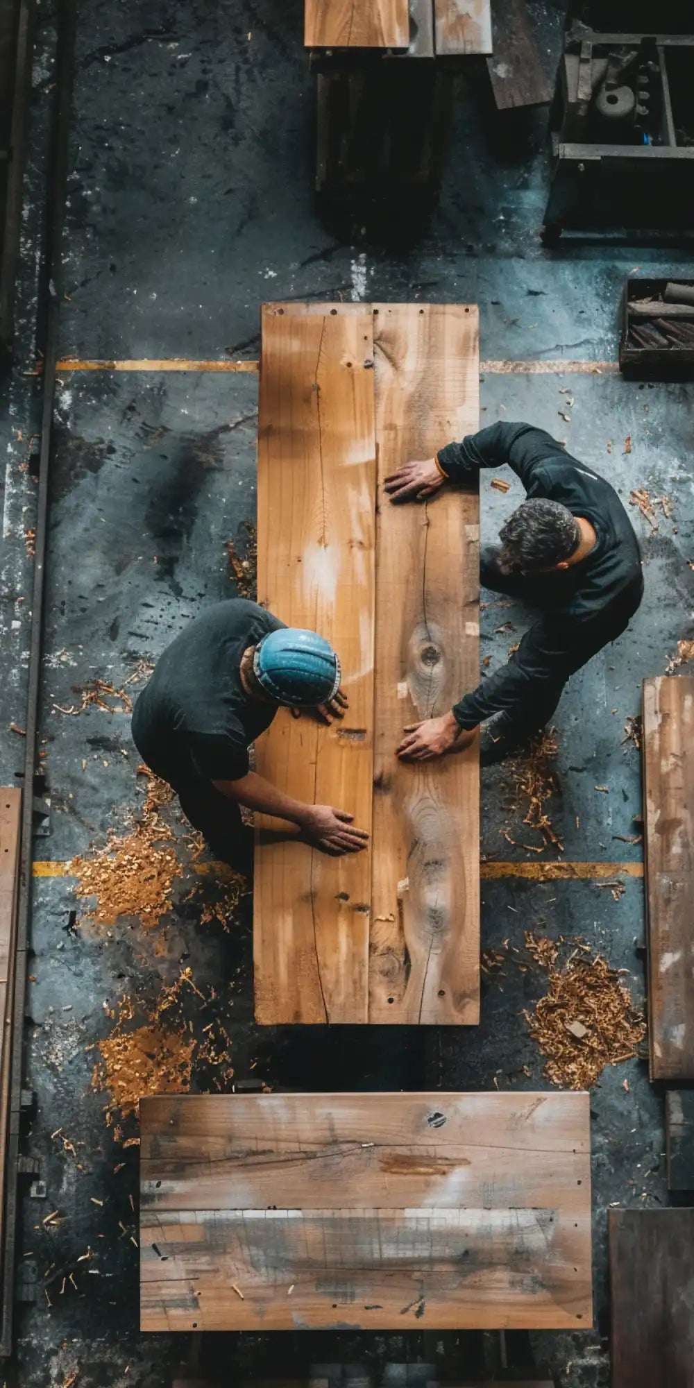 Doi tâmplari asamblând un blat de lemn.