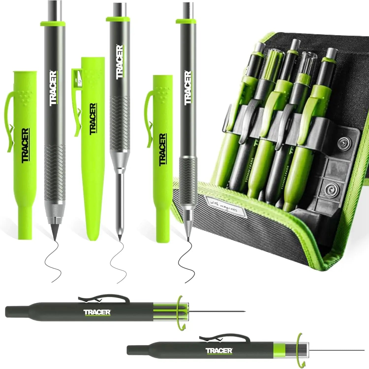 Set de creioane și instrumente de marcaj fine Tracer AMK5‑PRO în culori lime și gri închis