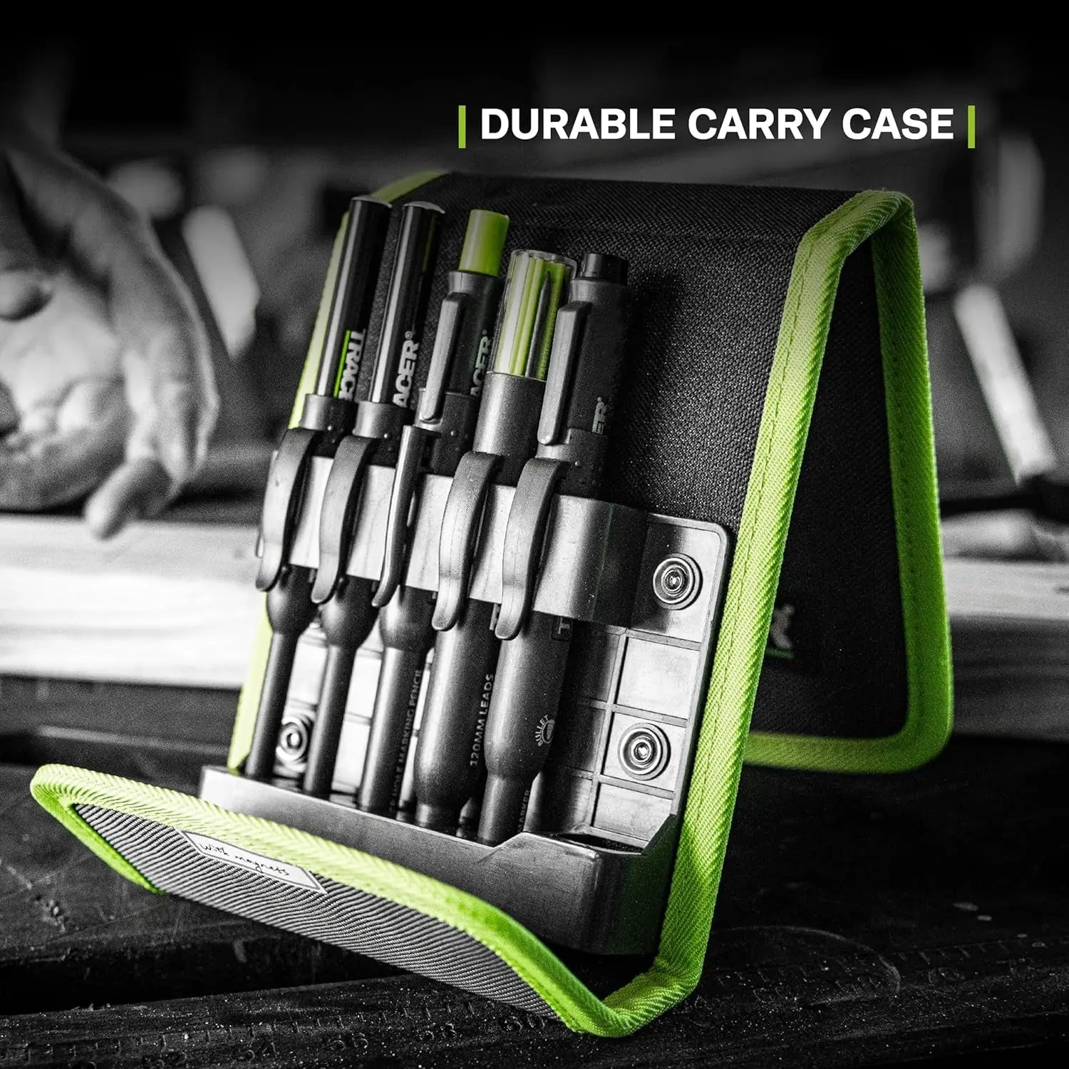 Alt text pentru tracer amk5: set de creioane si markere carpentry in cutie magnetica verde neagra