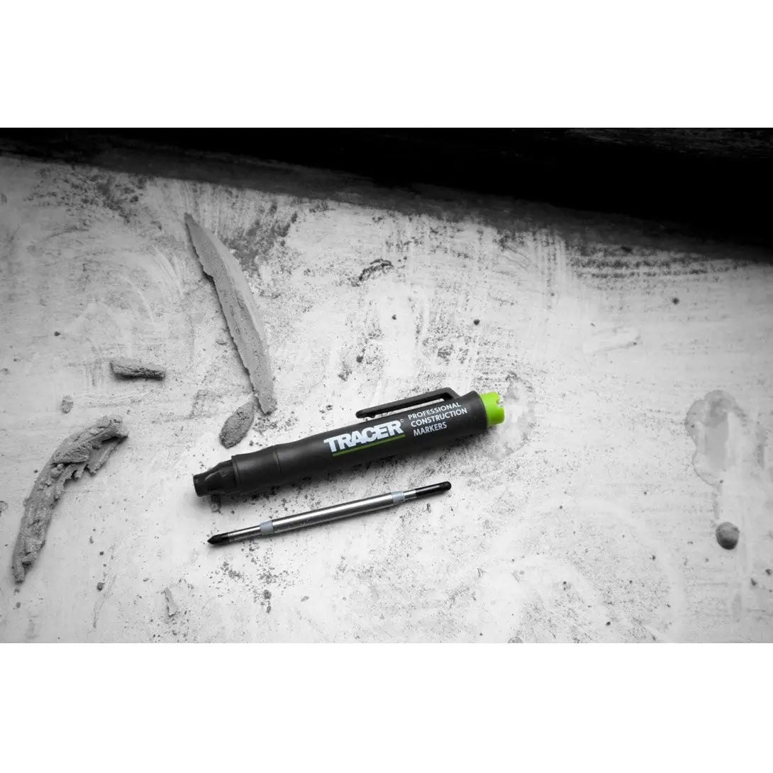 Pix negru cu capac neon verde și suport pentru mină argintiu, varf dublu AMP2