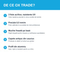 Caracteristici OX Trade: fiole UV, precizie 0,5 mm/m, muchie frezată, capace antișoc