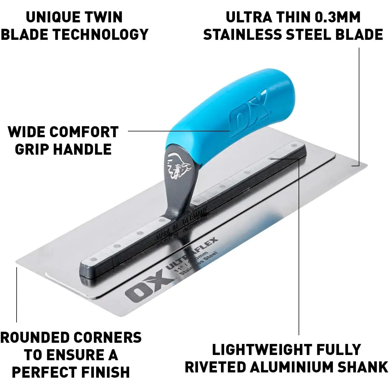 Imaginea arată un trowel Pro Ultraflex Gletiera cu mâner ergonomic și lamă ultraflexibilă