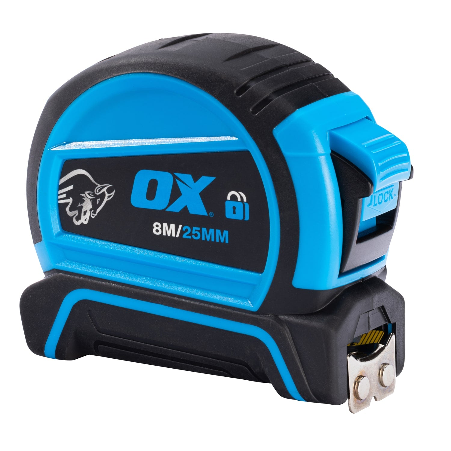 Ruletă OX PRO Double Locking 8 m, lamă 25 mm, blocare dublă și vârf magnetic