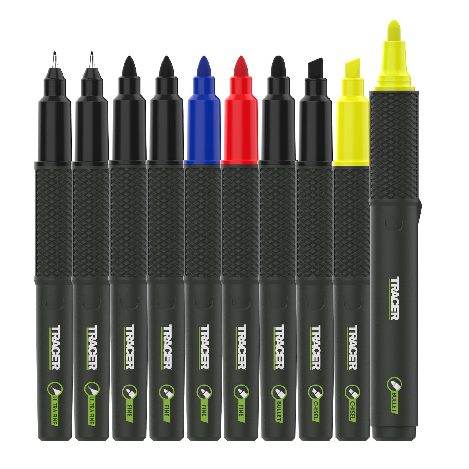 Set 10 markere permanente TRACER 2.0 cu cutie — vârfuri și culori variate (ultra-fin, fin, bullet, chisel, vopsea, textmarker)