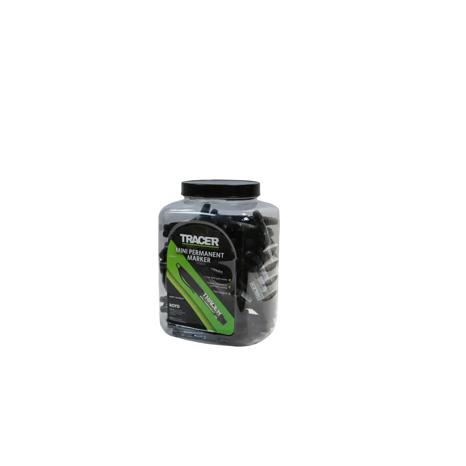 Imaginea unui borcan clar de markere permanente mini negre TRACER pentru DIY și constructori