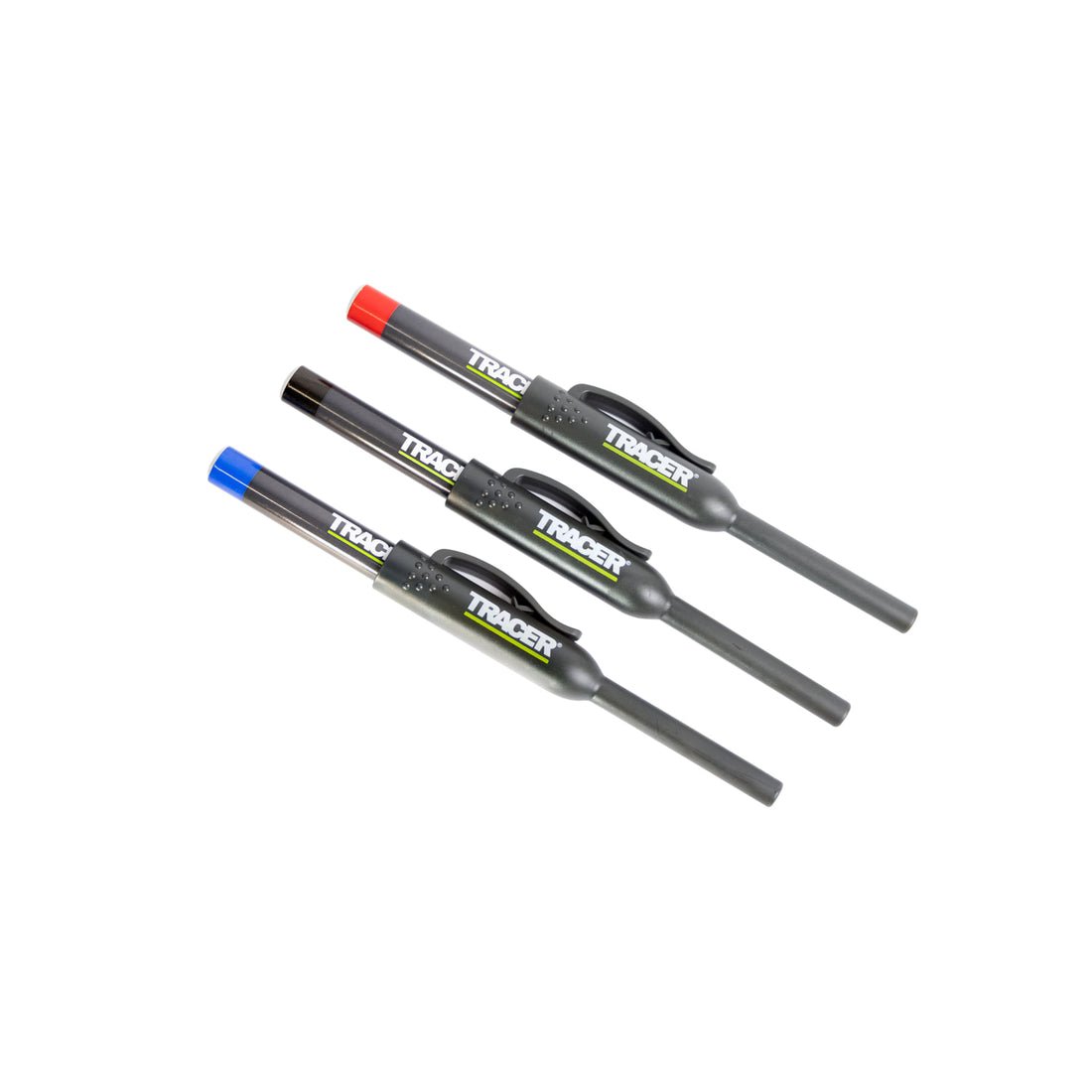 Set 3 markere TRACER cu vârf lung pentru găuri adânci, husă inclusă — negru, albastru, roșu
