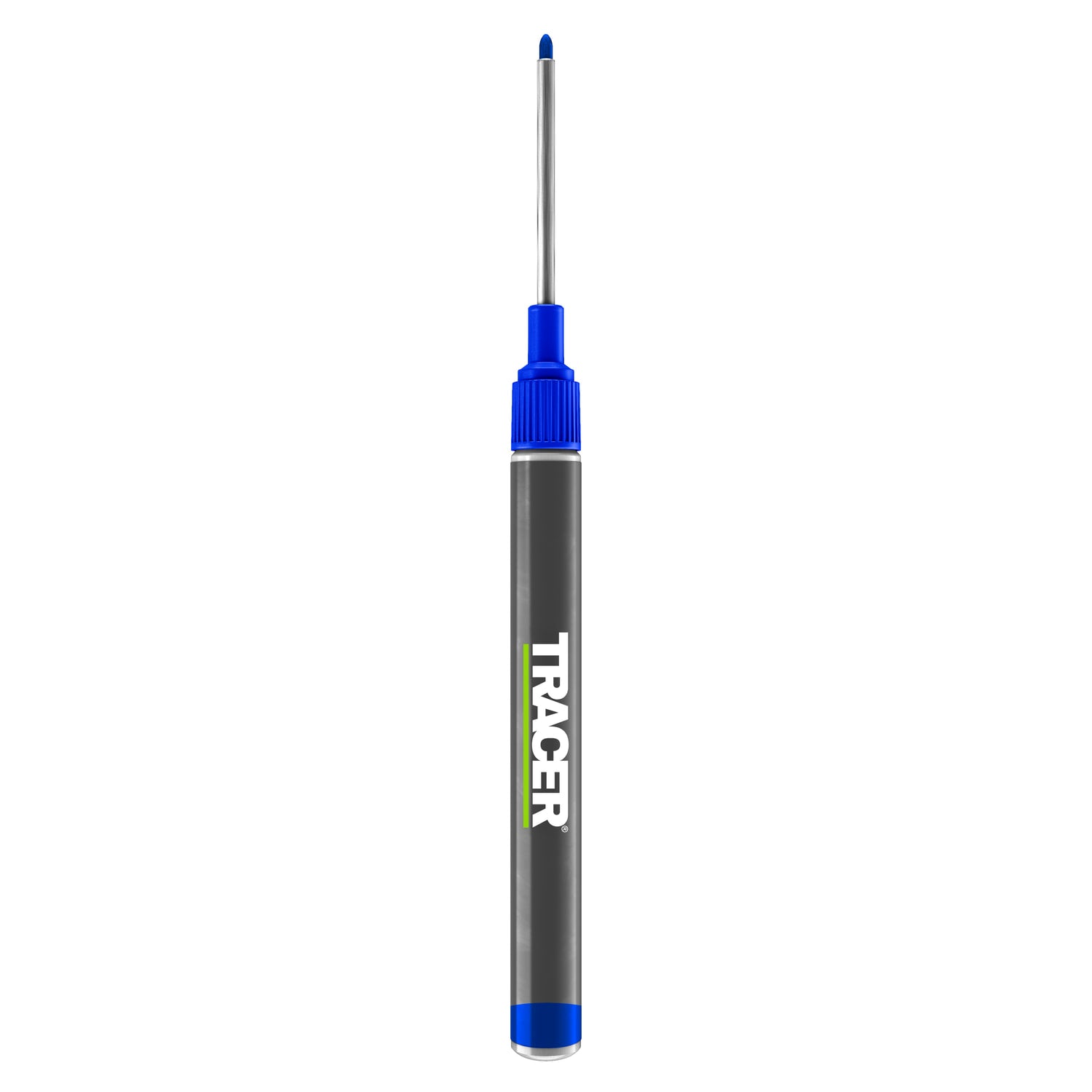 Marker TRACER cu vârf lung albastru în husă de șantier cu clemă
