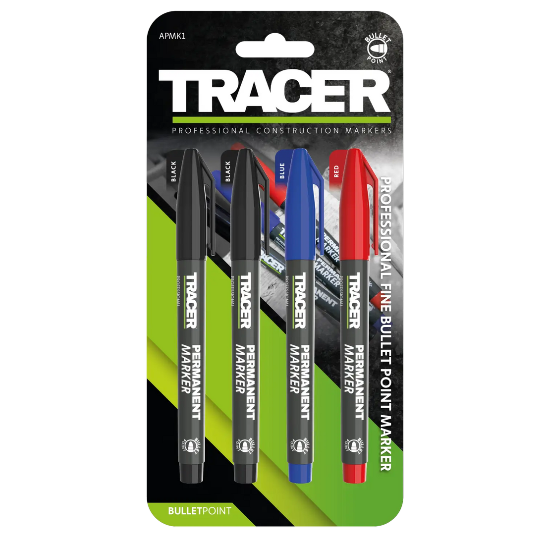 Set cu 4 markere permanente tracer APMK1, negru, albastru și roșu, calitate excelentă