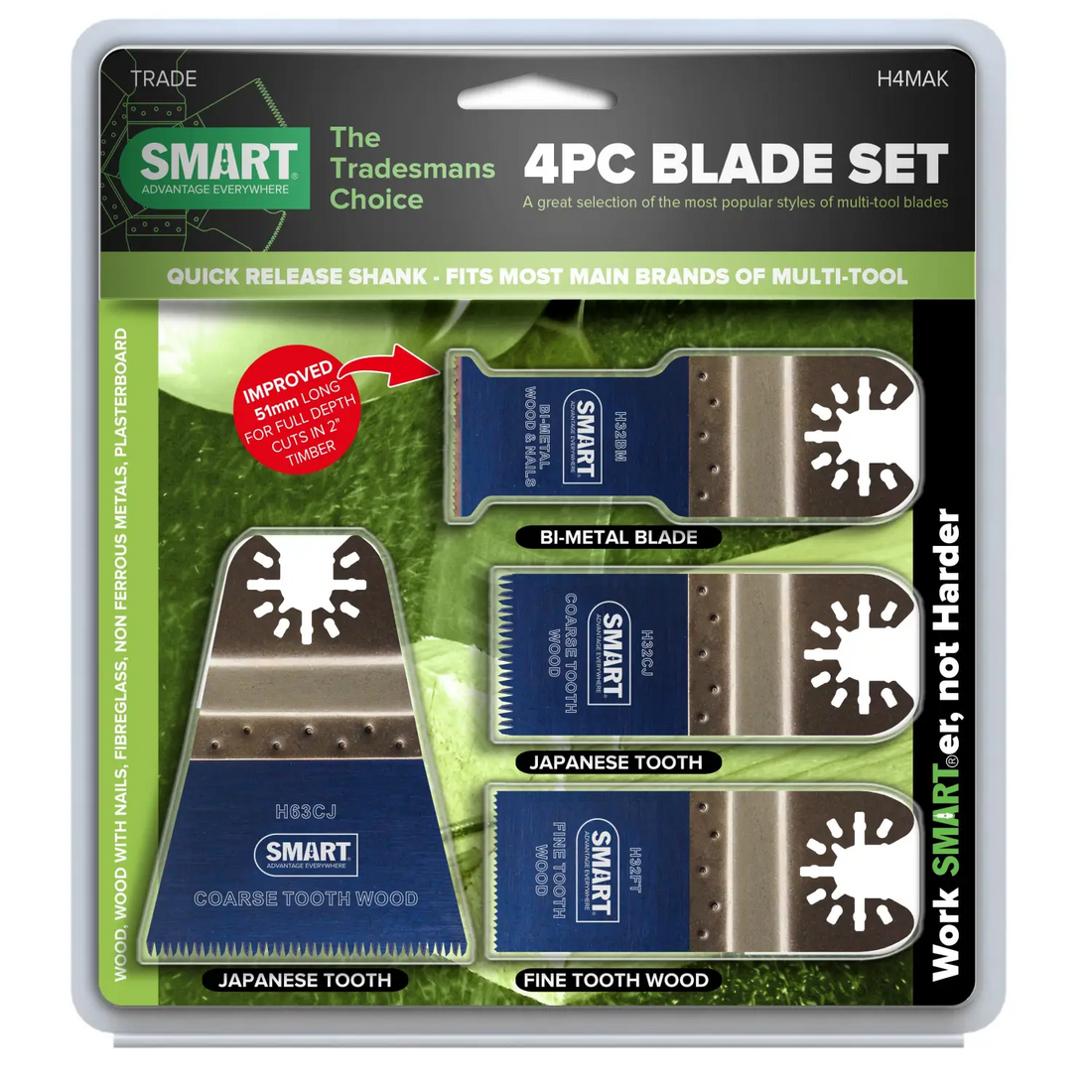 Set de 4 lame multitool SMART pentru taierea lemnului, plastic și metal, latimea și adancimea taieturii variabile