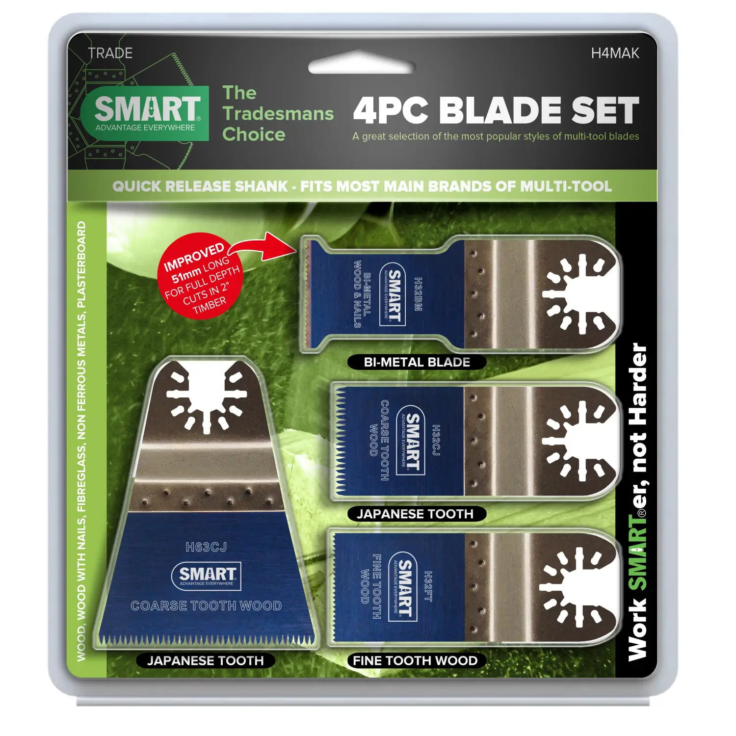 Set de 4 lame multitool SMART pentru taierea lemnului, plastic și metal, latimea și adancimea taieturii variabile