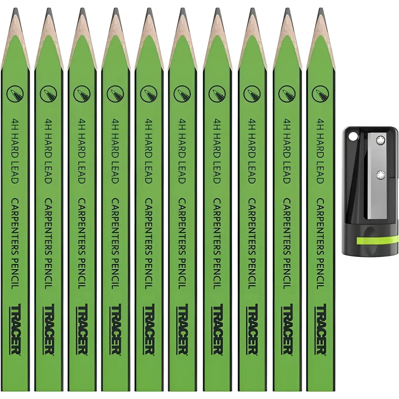 Set de 10 creioane dulgher verzi Tracer ACP1 cu ascuțitoare pentru lemn și construcții