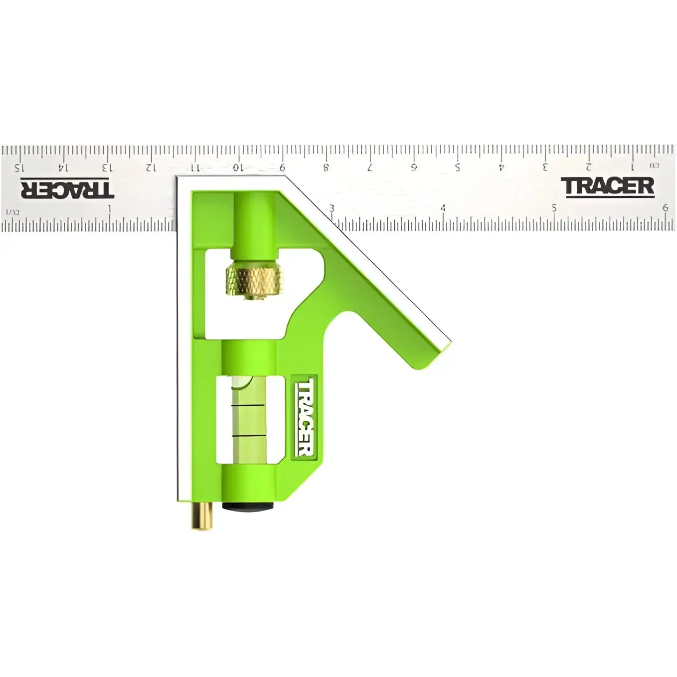 Alt text pentru tracer acsq150 echer: riglă combinație verde cu nivel și șurub de ajustare