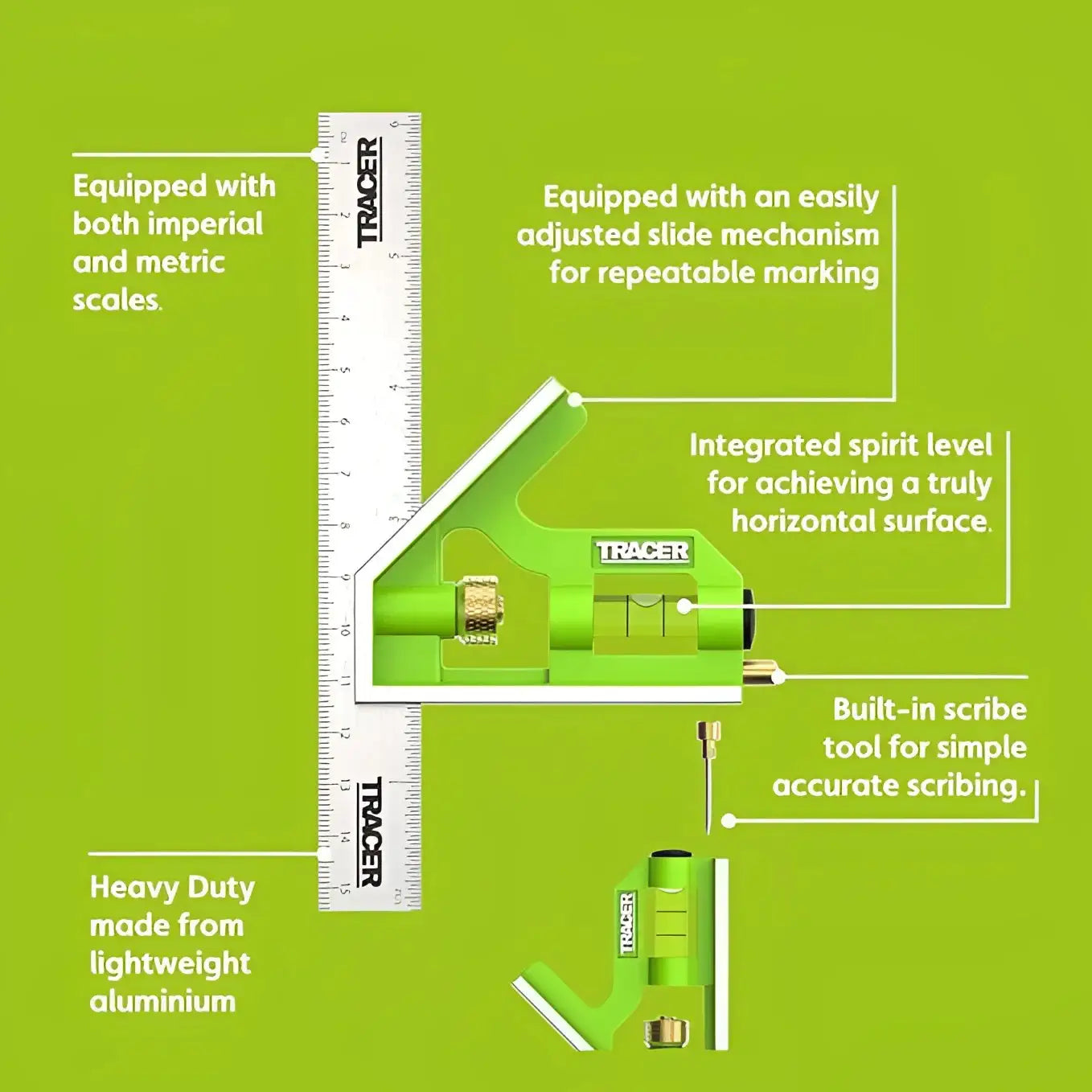 Alt text pentru tracer acsq150 echer: echer de 150 mm cu nivel, scribe și scale metric/imperial