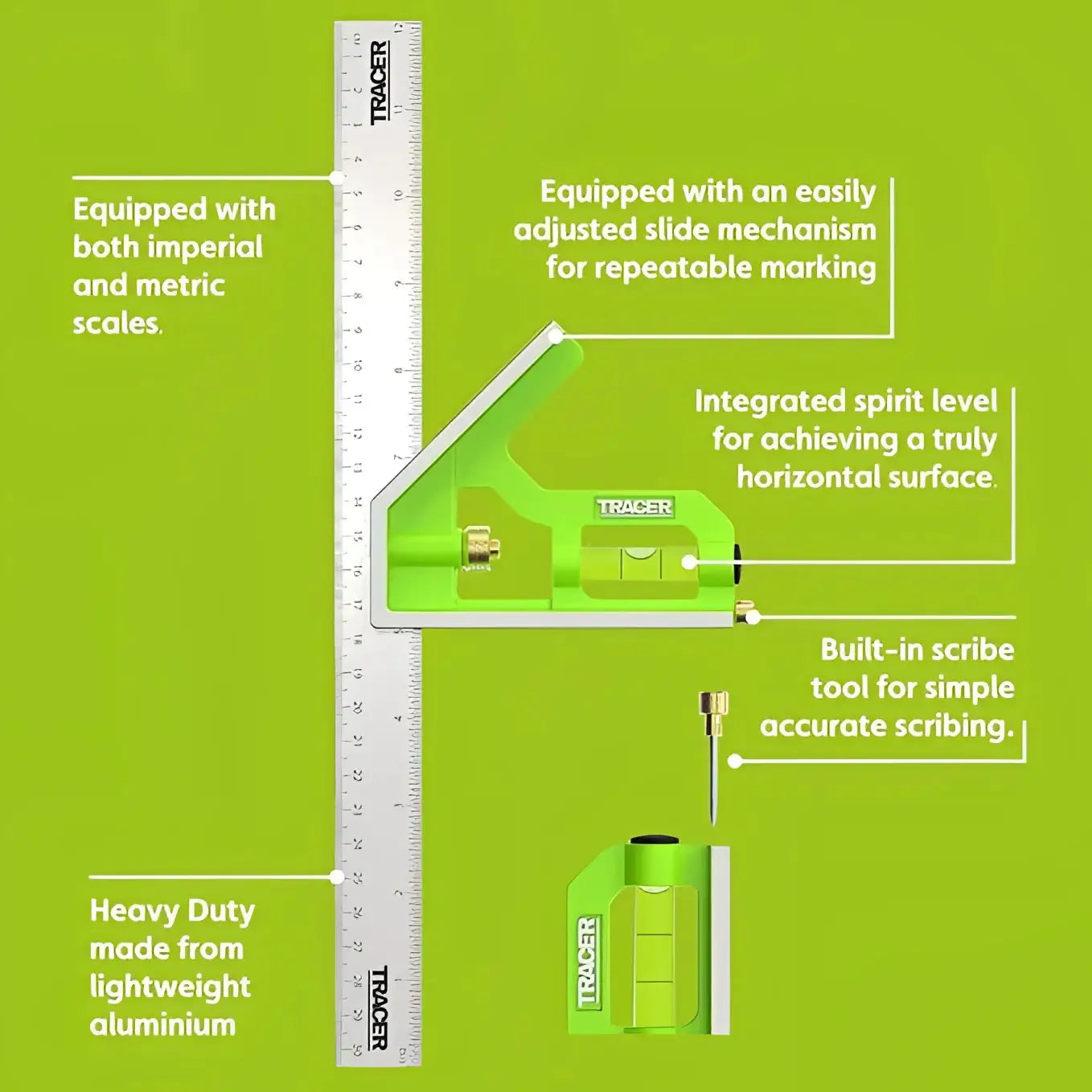 Alt text pentru tracer acsq300 echer cu scale metrice și imperiale, nivel și scribe din aluminiu