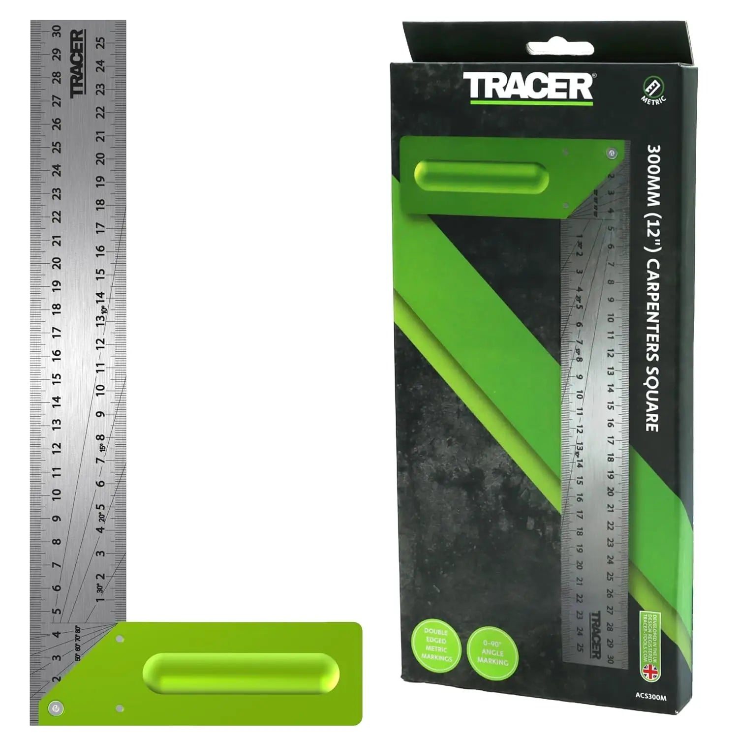 Alt text pentru imaginea unui tracer asc300m echer tamplarie aluminiu 300 mm în cutie neagră și verde