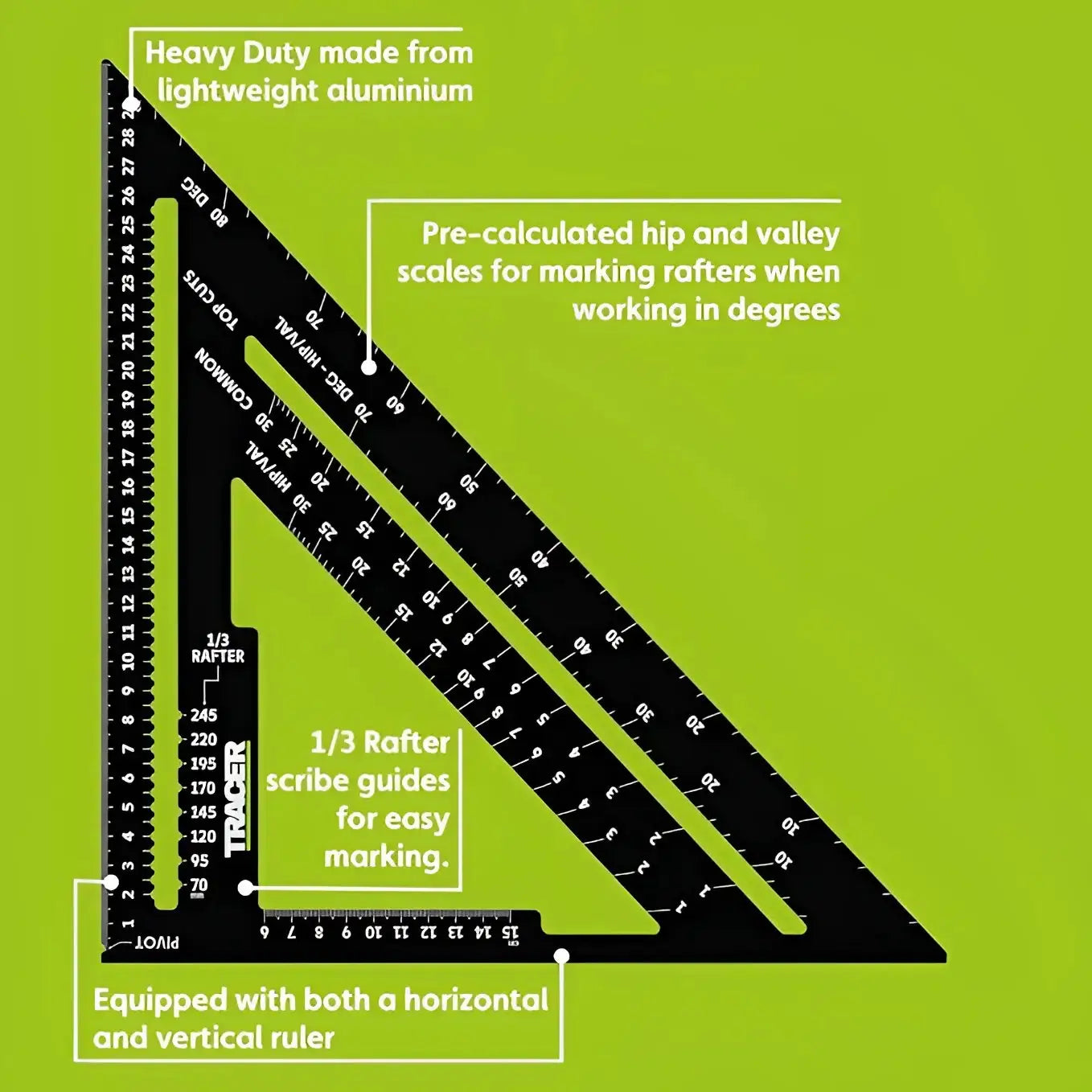 Alt text pentru TRACER ASQ12M echer rapid: riglă de aluminiu neagră cu scale pre-calculare și ghidaje de tăiere