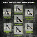 Imaginea arată șapte aplicații ale unui speed square pentru tâmplărie cu tracer asq12m echer