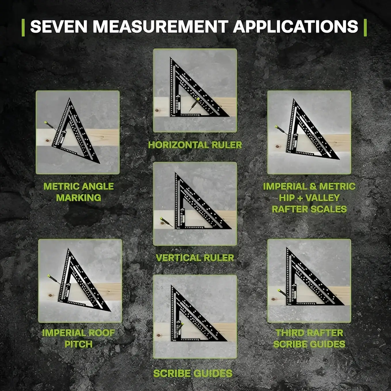 Imaginea arată șapte aplicații ale unui speed square pentru tâmplărie cu tracer asq12m echer