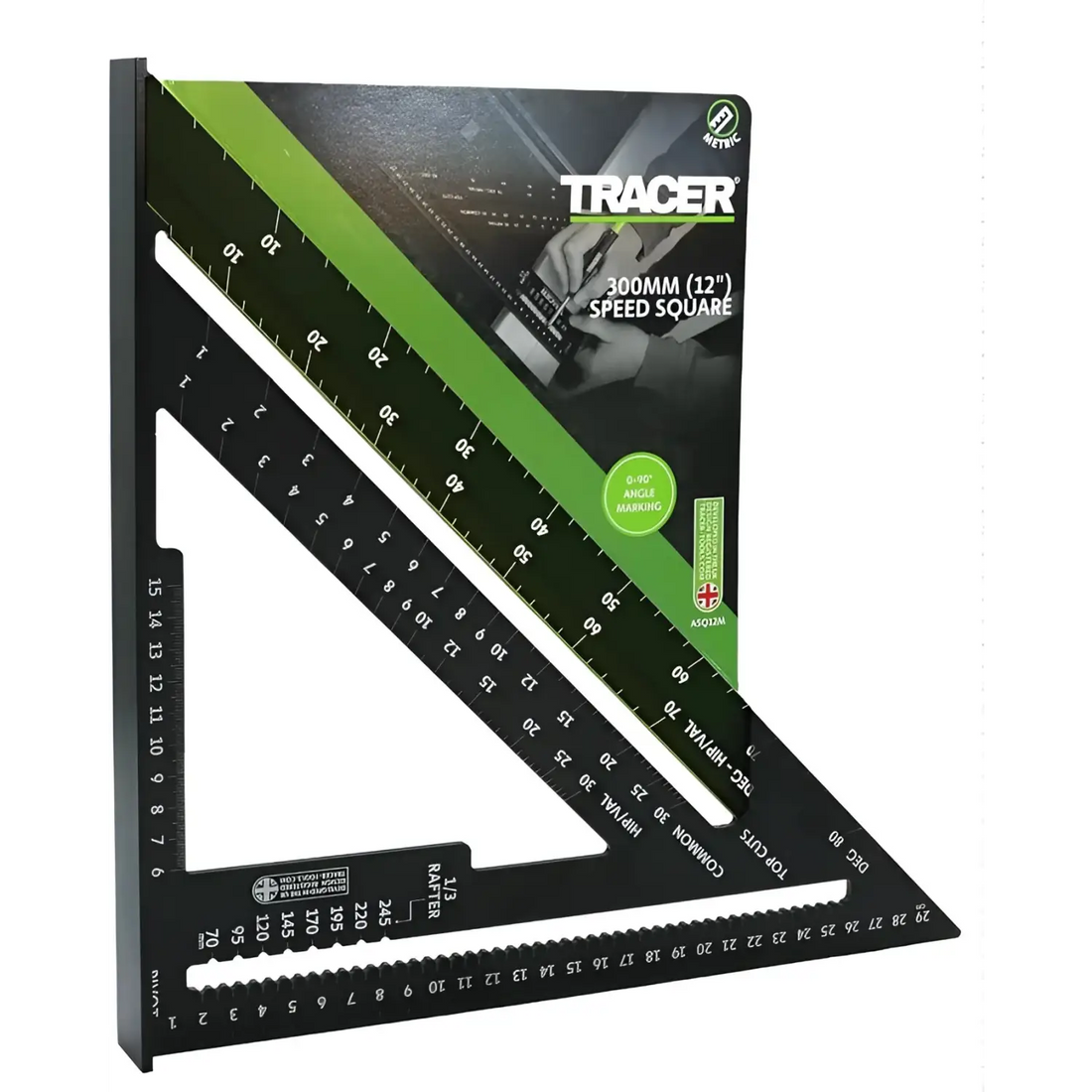 Imaginea arată un triunghi de aluminiu negru cu marcaje gravate și riglă, Tracer ASQ12M