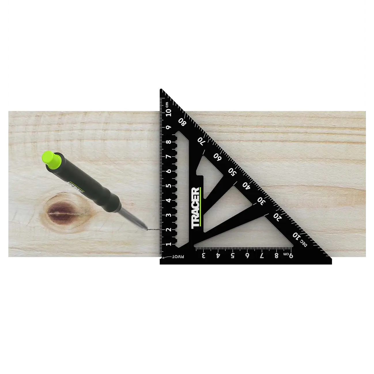 Alt text pentru imaginea cu tracer asq4m echer rapid și triunghi speed square pe lemn