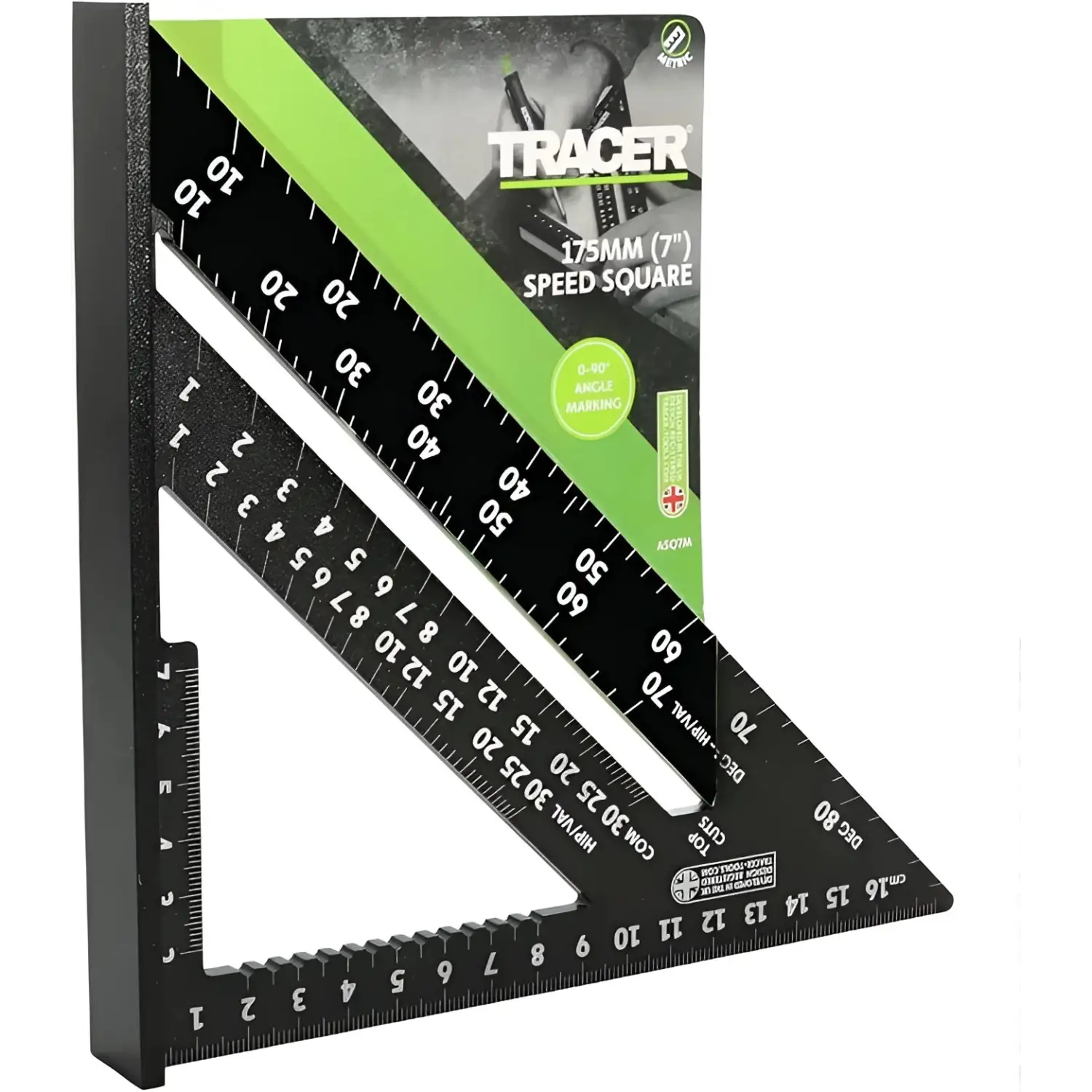 Alt text pentru imaginea cu tracer asq7m echer rapid, riglă de metal negru cu etichetă verde și gri
