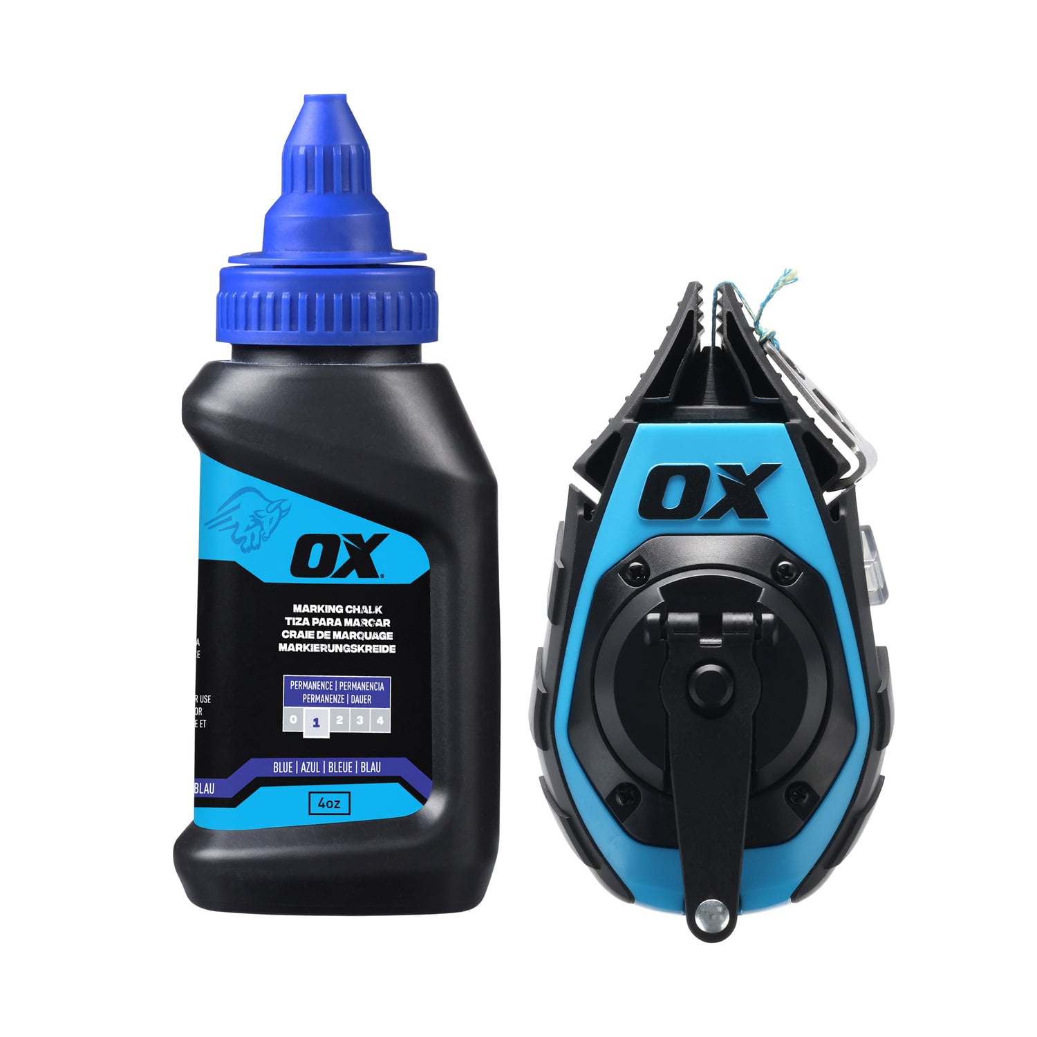 Trasor cu fir și cretă OX PRO 15 m — rolă de precizie + cretă albastră (value pack)