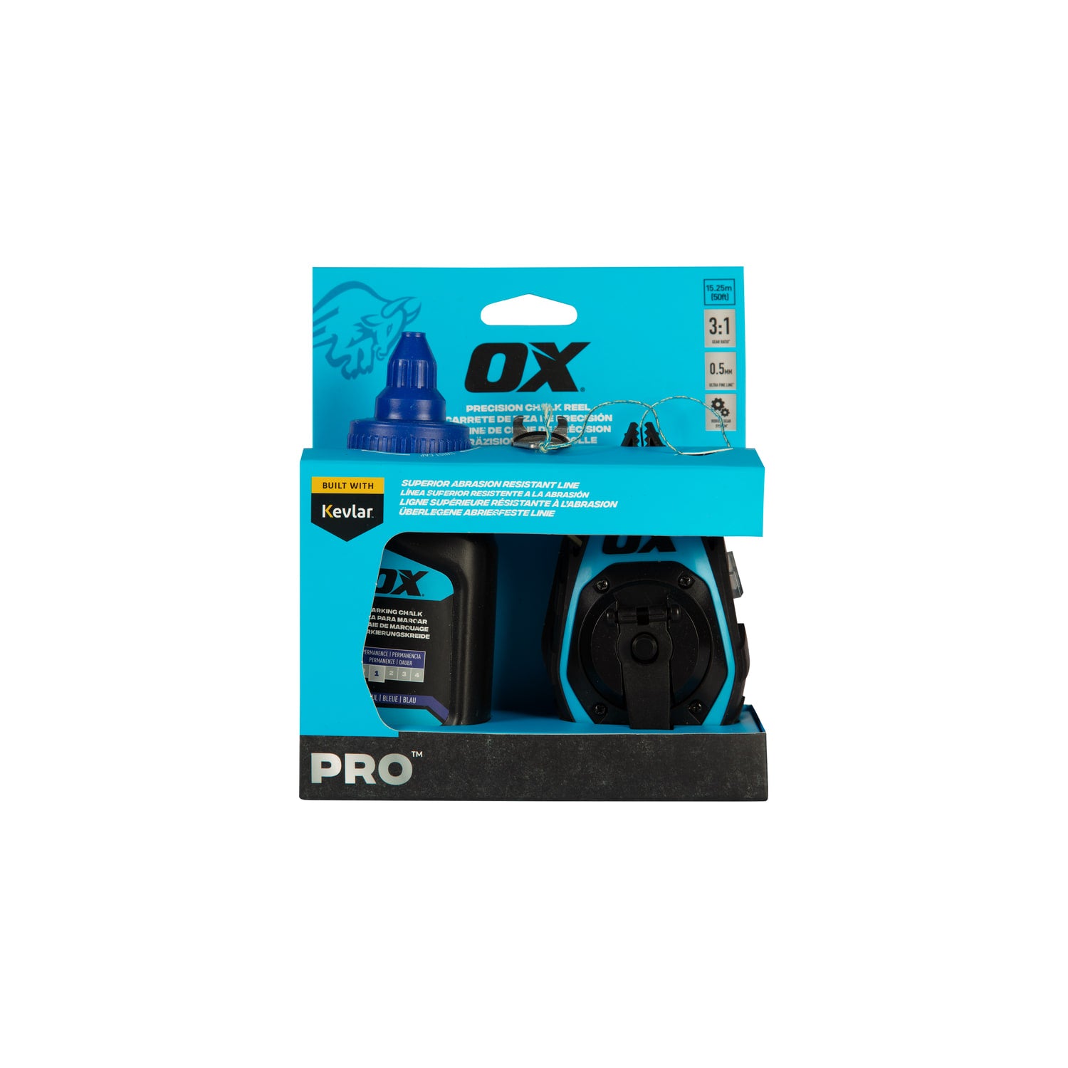 Pachet OX PRO trasor cu fir: rolă, fir Kevlar 0,5 mm și cretă — 15,25 m / 50 ft, raport 3:1