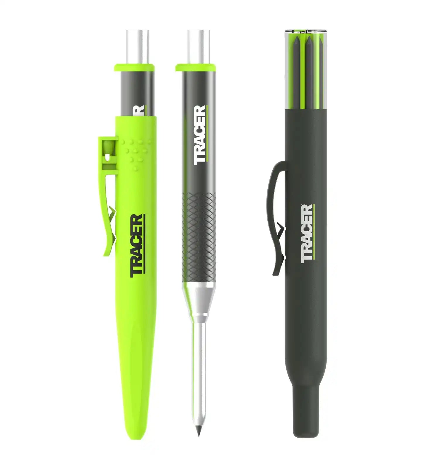 Trei creioane de marcaj pentru construcții (două verzi lime și unul gri închis), unul cu vârful ascuțit expus și altul cu mai multe conducte vizibile.